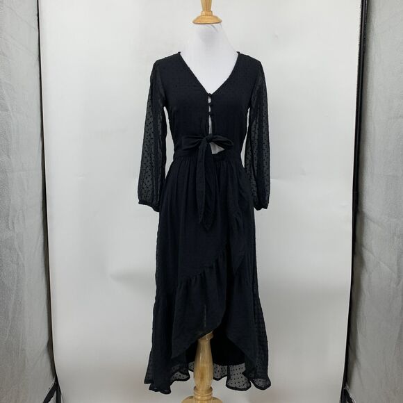 Abercrombie & Fitch Dress Womens XS Extra Small Black Swiss Dot Ruffle High Low - Picture 2 of 12